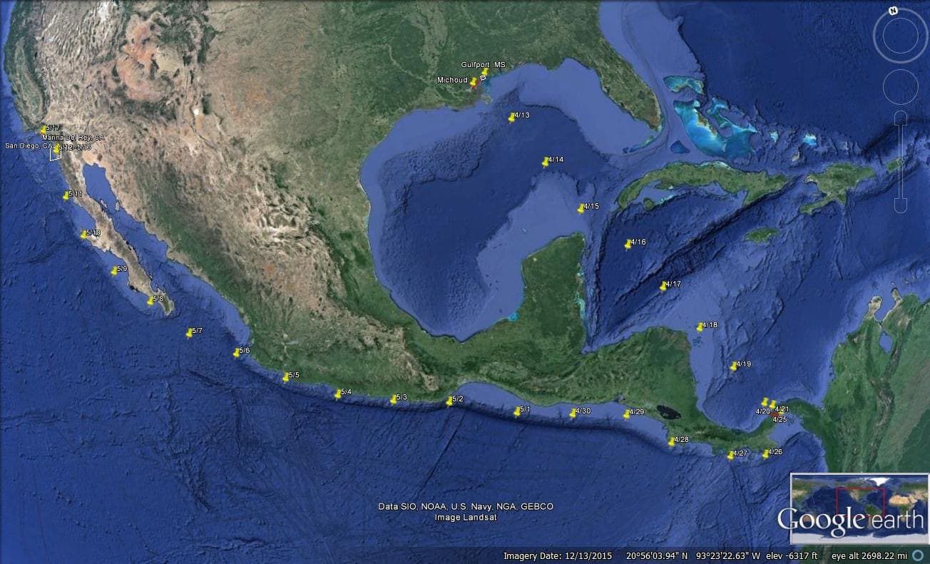 Satellite map of the Gulf of Mexico, Central America, and the Pacific coast with waypoints marking a sea route